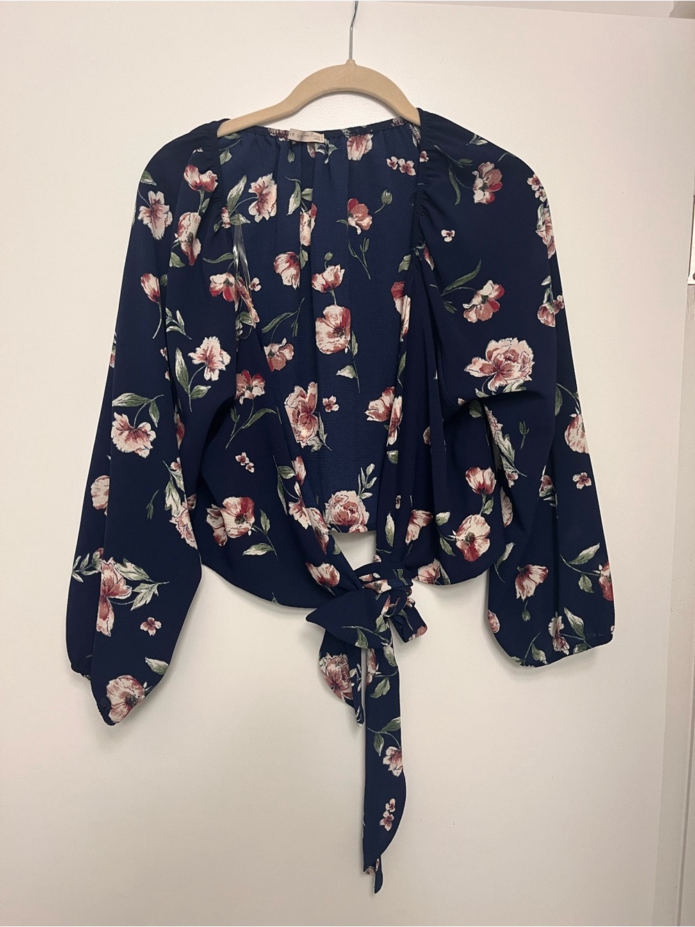 Navy Floral Tie-Front Romantic Feminine Summer Party Blouse